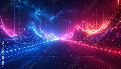 Vibrant neon light trails abstract background.