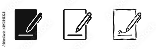 Foto Contract signing icon set with a pen and document in solid, outline and hand-drawn sketch styles