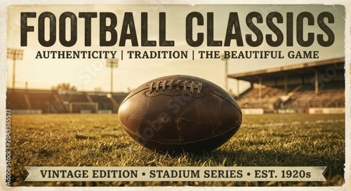 Vintage American Football Classics Concept with Retro Leather Ball on Stadium Grass