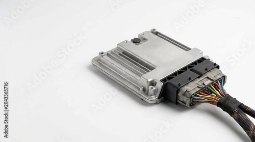 Metallic car engine control unit featuring a black plastic connector with colorful wires against white background