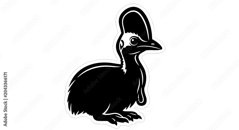 Fototapeta premium Black silhouette of a cassowary bird on white background.