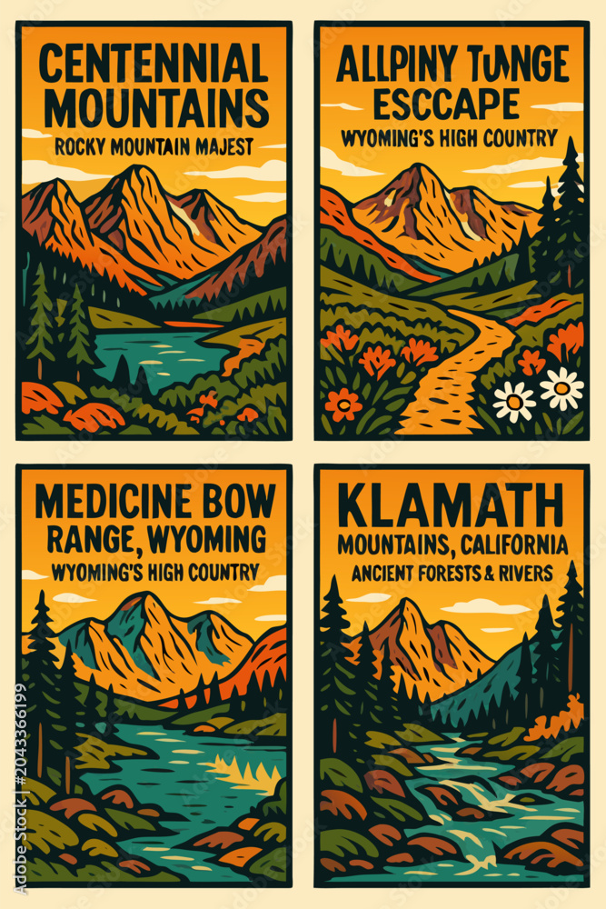 Obraz premium Vintage Travel Posters of Majestic Mountain Landscapes and Rivers