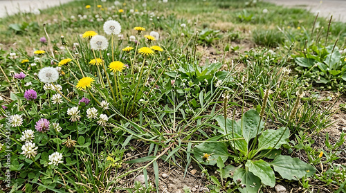Unhealthy Untidy Garden Lawn Full of Invasive Weeds Dandelion Clover Crabgrass and Broadleaf Plantain on Green Turf Background Symbolizing Poor Lawncare Maintenance and Herbicide Treatment Need