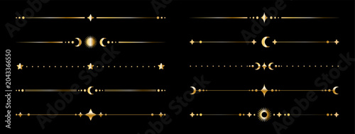Celestial golden divider lines set, esoteric astrology decorative luxury borders with mystical crescent moon, stars and sun shapes