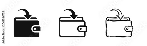 Fotografi Add money to wallet and income savings icons set, leather wallet with financial