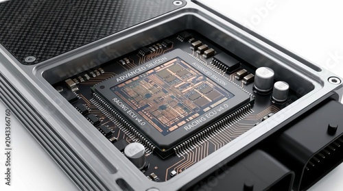 Advanced silicon racing ecu unit featuring intricate microchip circuitry housed in a durable metallic protective casing