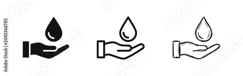 Foto Water conservation and liquid drop protection icons set, human hand holding drop