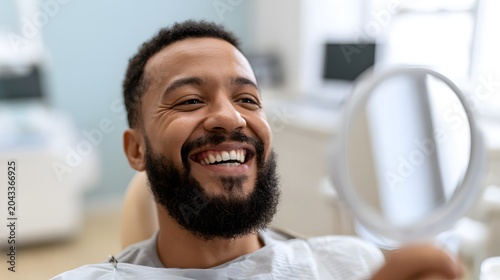 Bearded man happily checks his smile in dental mirror