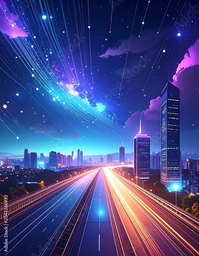 Futuristic cityscape with neon lights highway.
