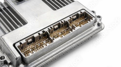 Close up view of a silver automotive electronic control unit with many gold connector pins