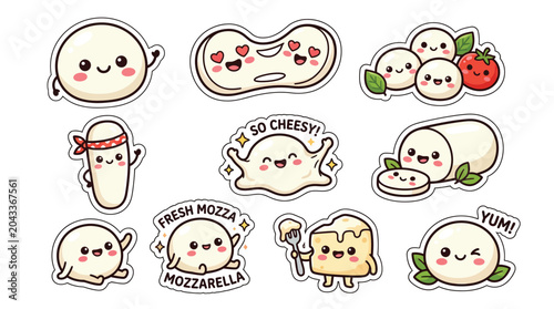 Photos Cute Kawaii Mozzarella Cheese Stickers with Happy Faces and Food Puns