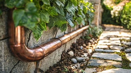 A close-up of a curved copper drainpipe reflects sunlight as it runs alongside ivy-covered siding and empties into a stone-lined drainage ditch