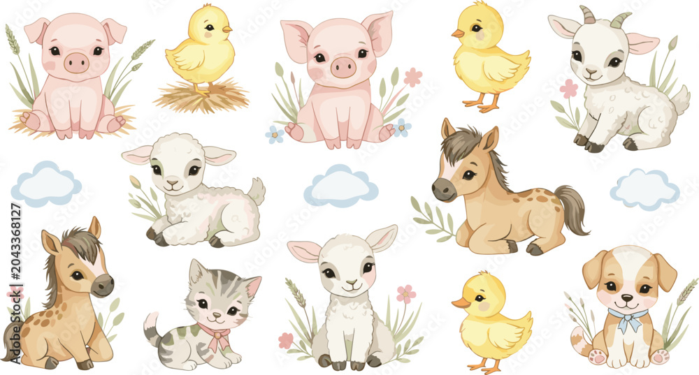 Obraz premium Cute Farm Animal Collection Vector Illustration Featuring Pig Chick Lamb Goat Horse Puppy and Kitten in Soft Cartoon Nursery Style