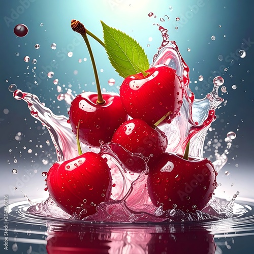 Fresh cherries splashing in water droplets.