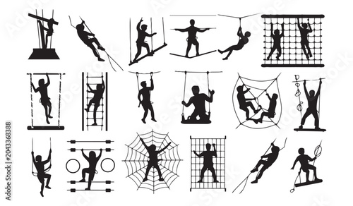 Картината върху платно Dynamic black silhouettes of people navigating challenging obstacle course eleme