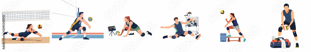 Fototapeta premium Collection of flat illustrations showing male and female volleyball players in various action poses, training, and game scenarios on a white background.