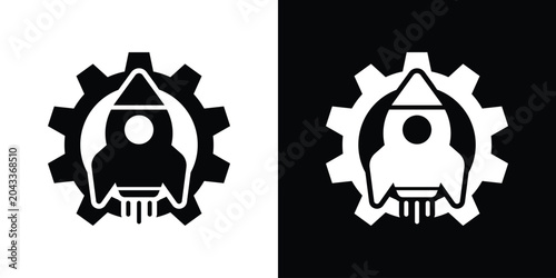 Fotografía Rocket blasting off from a mechanical cog wheel icon