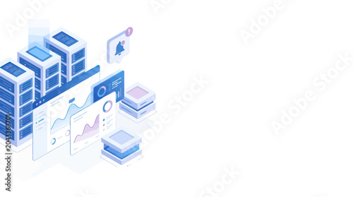 Modern Data Center Servers and Analytics Dashboards Isometric Illustration.
