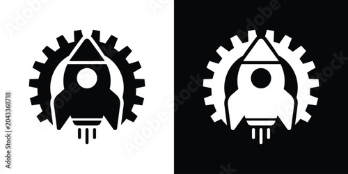 Photos Rocket blasting off from a mechanical cog wheel icon