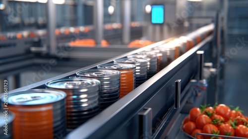 A factory scene showing a conveyor belt with cans and fresh tomatoes ready for packaging