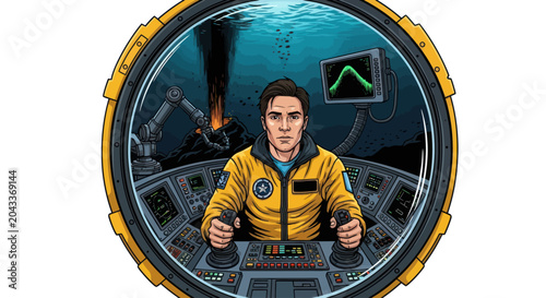 Submarine Pilot in Cockpit Comic Book Style Vector Illustration