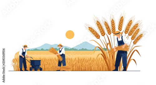 Foto Farmers Harvesting Wheat in a Golden Field Vector Illustration