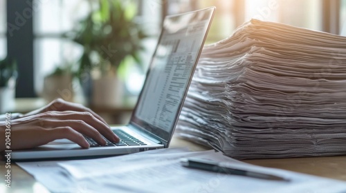 A writer typing on a laptop beside a stack of newspapers representing the creation of a weekly opinion column