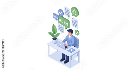 Man Working on Laptop with Green Business Concepts Isometric Illustration