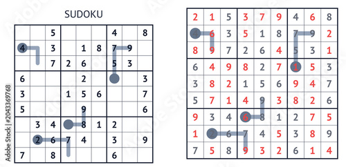 Photos Sudoku puzzle with solution and highlighted numbers for clarity