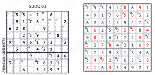 Sudoku puzzle grid with completed solution highlighted in red  