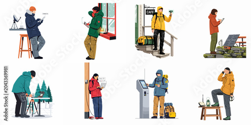 Illustration set of people in winter gear using technology like satellite internet, solar panels, and laptops in remote, cold environments.