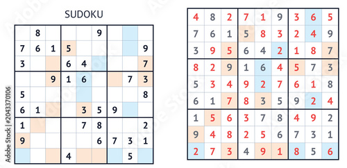 Sudoku puzzle with solved and unsolved grids in two styles  