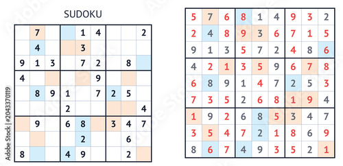 Картината върху платно Sudoku puzzle grid with alternating blue and orange highlights