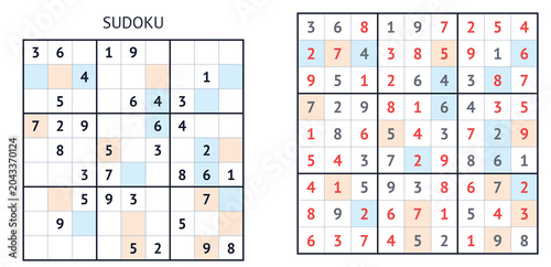 Sudoku puzzle with highlighted numbers and solution grid  