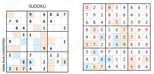 Sudoku puzzles with number grids and colorful highlights