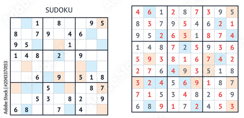 Sudoku puzzle grids with blue and red highlights for strategy  