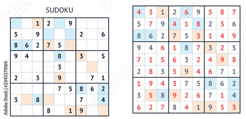 Sudoku puzzle grids with hints and complete solutions  