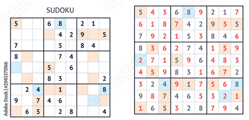 Sudoku puzzle grids with solutions and numbers in colorful layout  