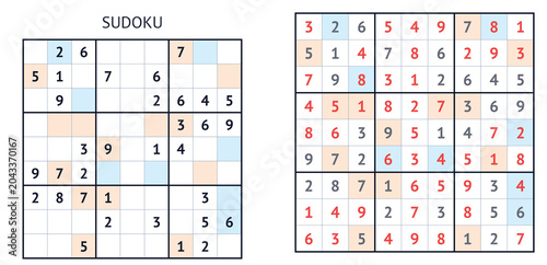 Sudoku puzzle grid with solved and unsolved sections in color  