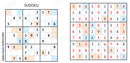 Sudoku puzzle layout with marked numbers and highlighted regions  