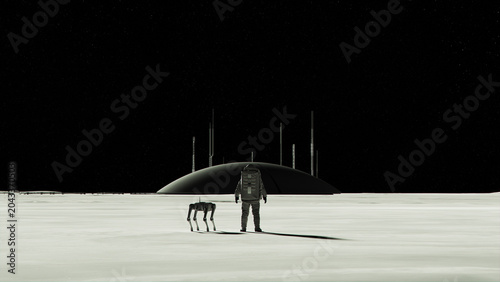 Standing Astronaut Lunar Base Moon Habitat Dome Structure Robotic Dog Starry Sky Vast Lunar Landscape Sci Fi Space Exploration Futuristic Antennas 3d illustration