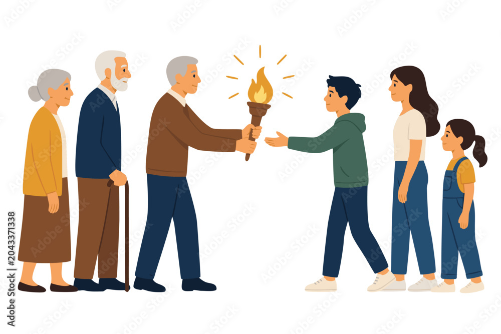 Obraz premium Flat vector illustration of an elderly person passing a glowing light to a young child, symbolizing the transfer of knowledge, heritage, and wisdom between generations in a minimal style.