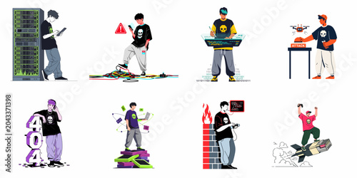 Tableau sur toile A collection of eight flat vector illustrations depicting young hackers and cybercriminals engaged in various malicious digital activities and network attacks