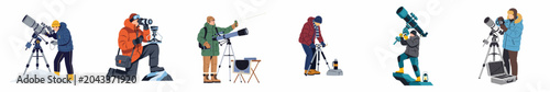 Foto Set of cartoon male amateur astronomers in winter clothing using telescopes and cameras for stargazing and astrophotography isolated on white background