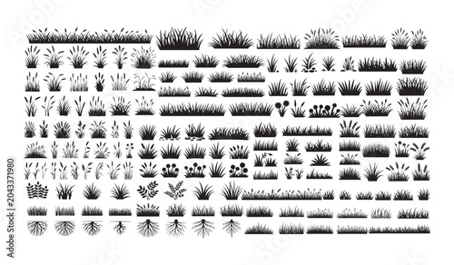 Extensive collection of various grass and plant silhouettes growing on a white ground