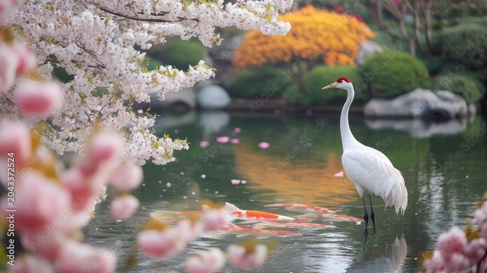 Fototapeta premium Peaceful pond with cherry blossoms and crane