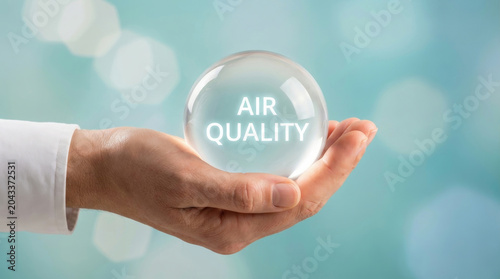Air quality pollution smog air urban hand crystal ball health concept clean environment Urban hand holding crystal ball text. toxic smoke carbon emission. city fog, environmental climate health