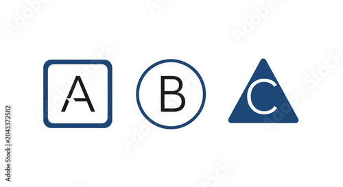 Three distinct geometric shapes containing letters on a plain white background
