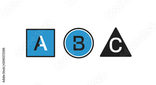 Three distinct geometric shapes featuring simple letters on a plain white background