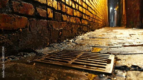 In a dimly lit alley a drain runs along the brick wall collecting runoff from an old gutter as puddles form on cracked pavement nearby
